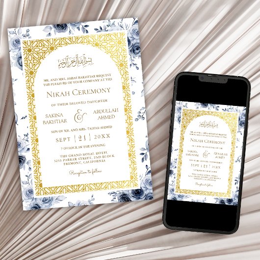 ダスティブルーフローラ金ゴールドパターンムスリム結婚ズ 招待状