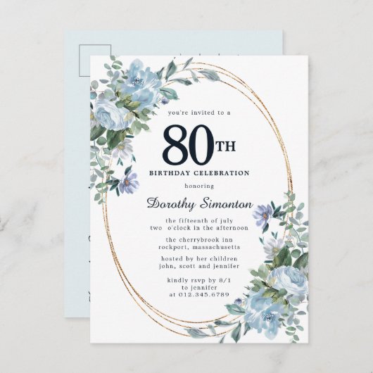 ダスティブルーフローラ80th誕生日かわいらし招待状 インビテーションポストカード (正面/裏面)