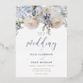ダスティブルーフローラ&ホワイトローズ結婚ズシルバー 箔招待状 (正面)