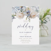 ダスティブルーフローラ&ホワイトローズ結婚ズシルバー 箔招待状 (立ち正面)