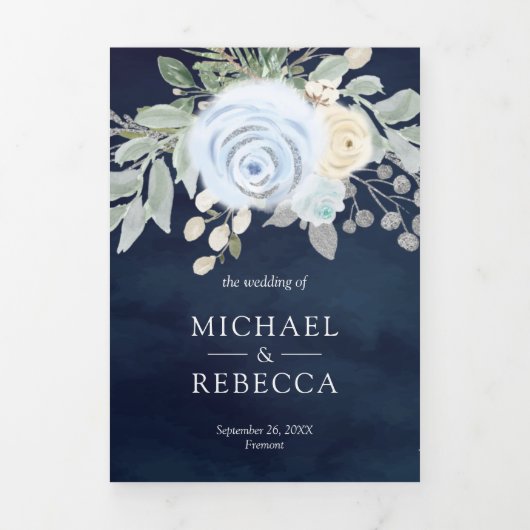 ダスティブルーフローラQRコード海軍結婚ズ 三つ折り招待状 (カバー)