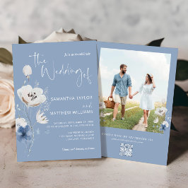ダスティブルーフローラQRコードRSVP写真結婚s 招待状