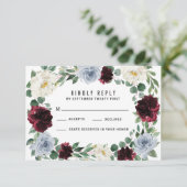 ダスティブルーブルガンディクランベリー秋の結婚式RSVP 出欠カード (スタンド正面)