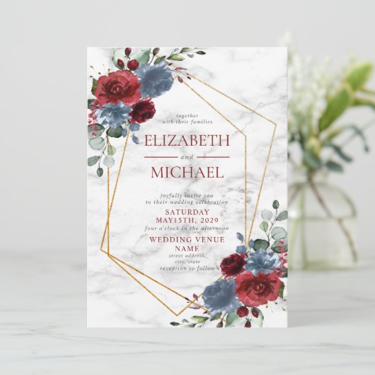 ダスティブルーブルガンディジオメトリックフローラ大理石春 招待状 (スタンド正面)