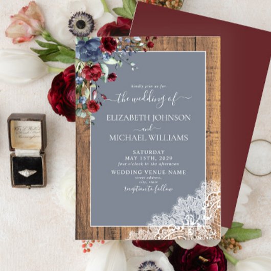 ダスティブルーブルゴーニュウッドレーススクリプ結婚ト 招待状