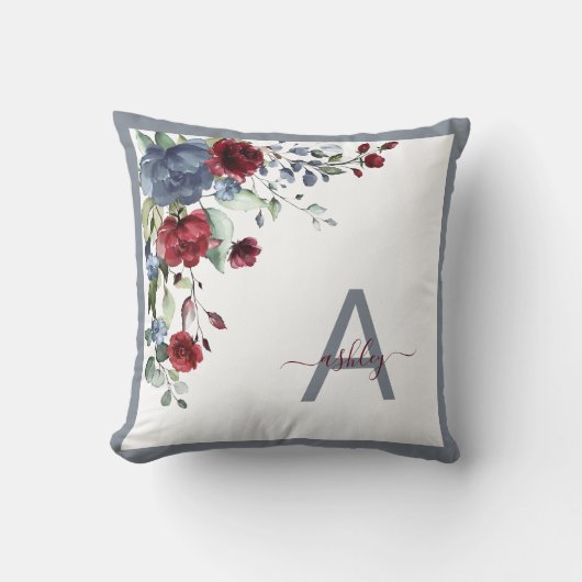 ダスティブルーブルゴーニュフローラスクリプトモノグラムイニシャル クッション (正面)
