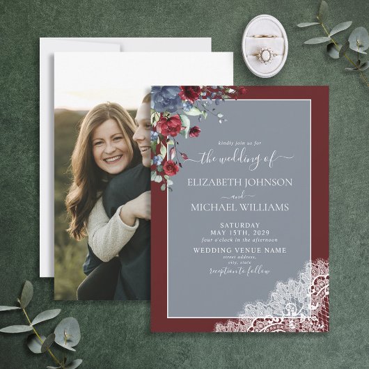 ダスティブルーブルゴーニュフローラレースウッドフォト結婚ズ 招待状