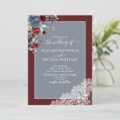 ダスティブルーブルゴーニュフローラレースウッドフォト結婚ズ 招待状 (スタンド正面)