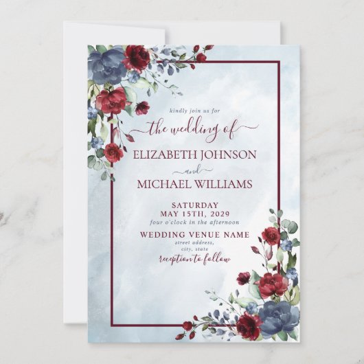 ダスティブルーブルゴーニュフローラ水彩画の写真 招待状 (正面)