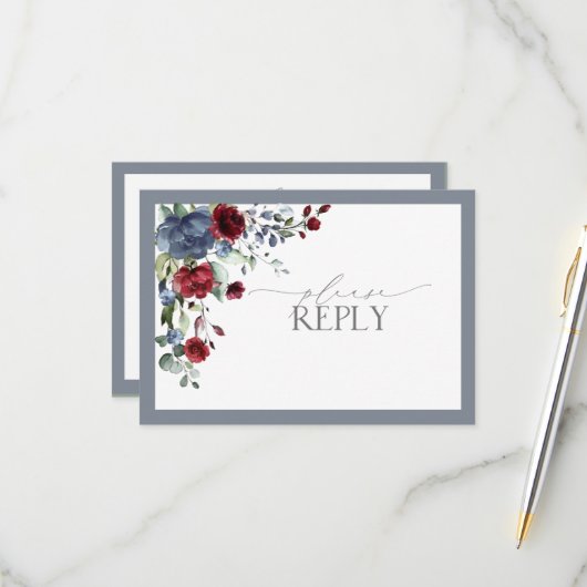 ダスティブルーブルゴーニュレッドフローラ水彩RSVP 出欠カード (正面/裏面インサイチュ)