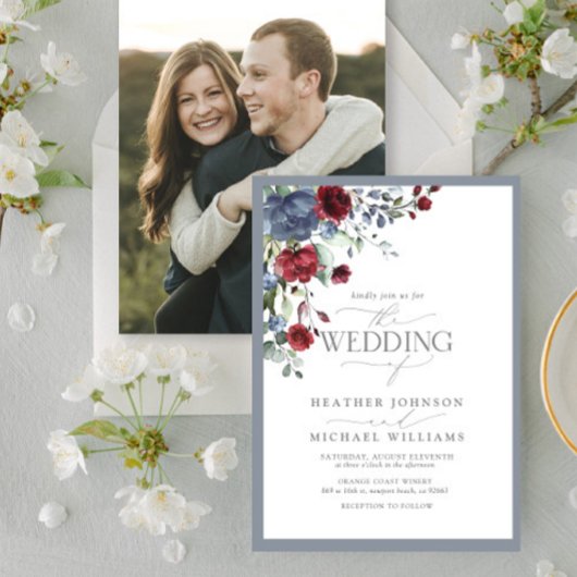 ダスティブルーブルゴーニュ赤フローラ水彩写真 招待状