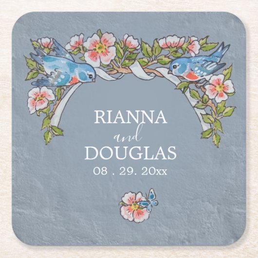 ダスティブルーブルーバード素朴フローラ結婚ズ スクエアペーパーコースター (正面)