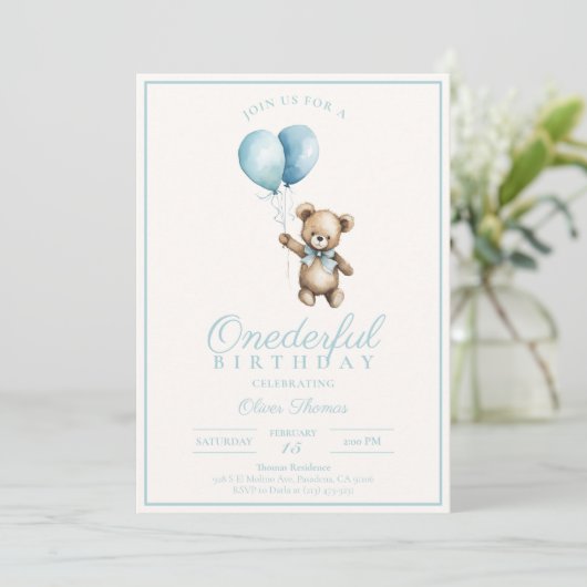 ダスティブルーベアーボーイファースト誕生日招待状 招待状 (スタンド正面)