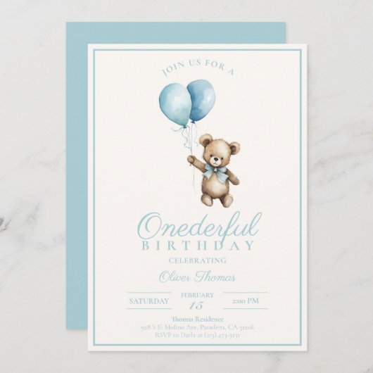 ダスティブルーベアーボーイファースト誕生日招待状 招待状 (正面/裏面)