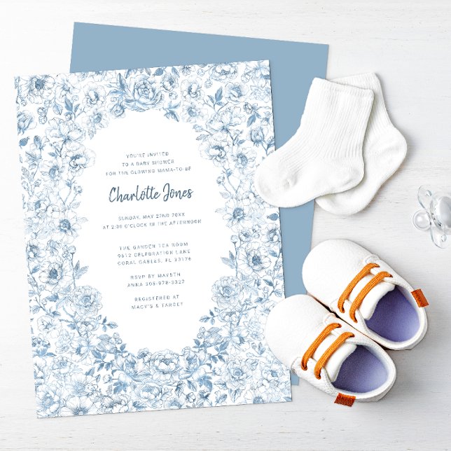 ダスティブルーベビーシャワー招待状エレガントヴィンテージ (Dusty Blue Baby Shower Invitation)