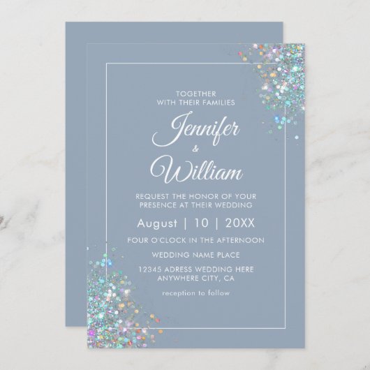 ダスティブルーホログラフィエレガントックモダングリッターシック 招待状 (正面/裏面)