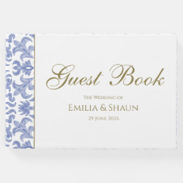 ダスティブルーホワイトと金ゴールドヴィンテージスタイル結婚ズ ゲストブック