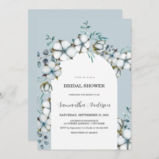 ダスティブルーホワイトアーチブライダルシャワー 招待状 (正面/裏面)