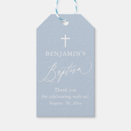 ダスティブルーホワイトクロスボーイバプテスマメッセージカード ギフトタグ