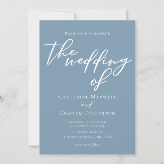 ダスティブルーホワイトスクリプトサマーコースト結婚ーズ 招待状 (正面)