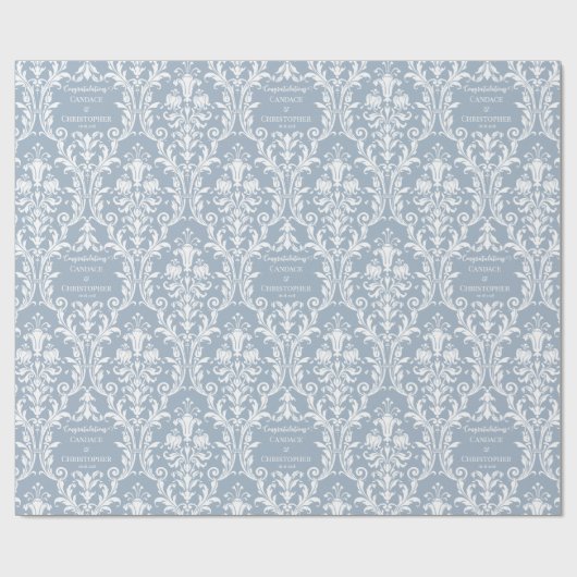 ダスティブルーホワイトダマスク名前と祝いの追加 ラッピングペーパー (フラット)