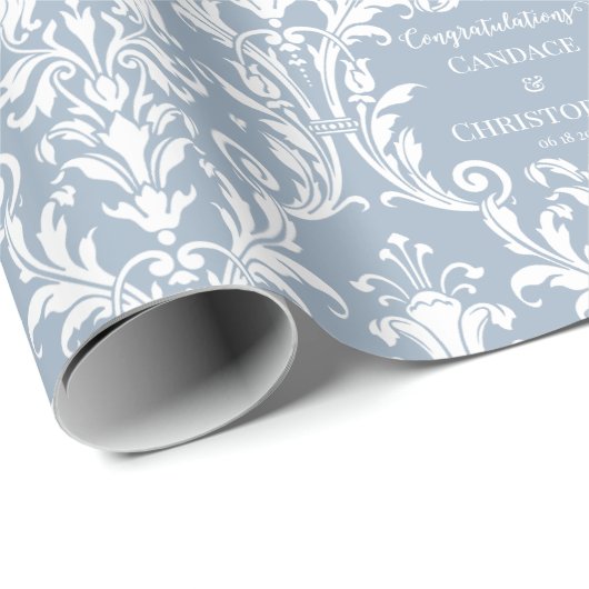 ダスティブルーホワイトダマスク名前と祝いの追加 ラッピングペーパー (ロールコーナー)
