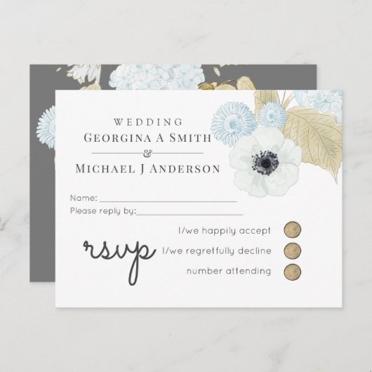 ダスティブルーホワイトネイビーアネモネ結婚バジェット インビテーションポストカード (正面/裏面)