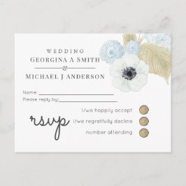 ダスティブルーホワイトネイビーアネモネ結婚バジェット インビテーションポストカード