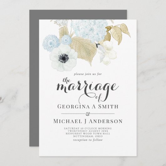 ダスティブルーホワイトネイビーアネモネ結婚バジェット 招待状 (正面/裏面)