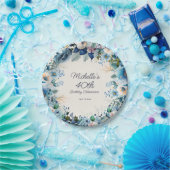 ダスティブルーホワイトネイビーフローラ女子40歳の誕生日 ペーパープレート (パーティー)