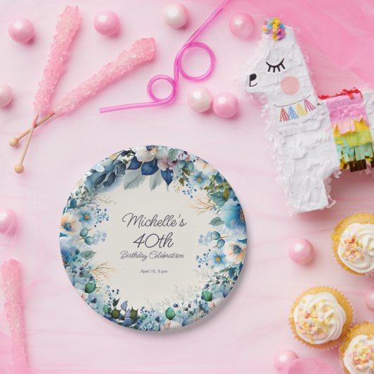 ダスティブルーホワイトネイビーフローラ女子40歳の誕生日 ペーパープレート (パーティー)