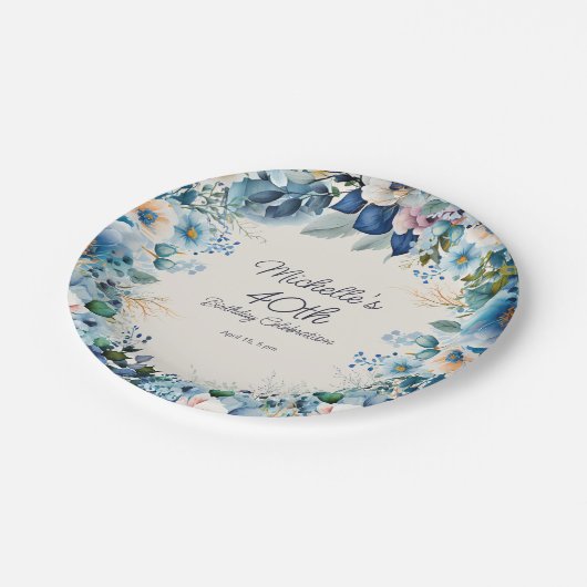 ダスティブルーホワイトネイビーフローラ女子40歳の誕生日 ペーパープレート (アングル)