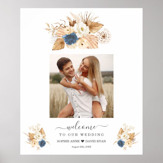 ダスティブルーホワイトピーチバラ結婚ズウェルカムサイン ポスター (正面)