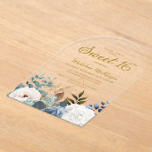 ダスティブルーホワイトフローラアーチスウィート16 アクリル招待状 (レイダウン)
