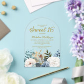 ダスティブルーホワイトフローラアーチスウィート16 アクリル招待状 (インサイチュ (ウェディング))
