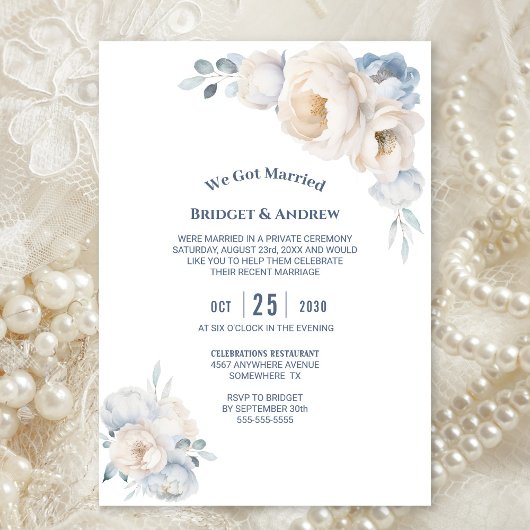 ダスティブルーホワイトフローラウェディングレセプション 招待状