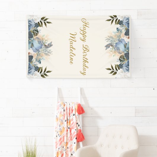 ダスティブルーホワイトフローラハッピーバースデー垂直 横断幕 (インサイチュ)