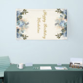 ダスティブルーホワイトフローラハッピーバースデー垂直 横断幕 (トレードショー)