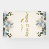 ダスティブルーホワイトフローラハッピーバースデー垂直 横断幕 (横)