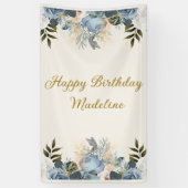 ダスティブルーホワイトフローラハッピーバースデー垂直 横断幕 (縦)