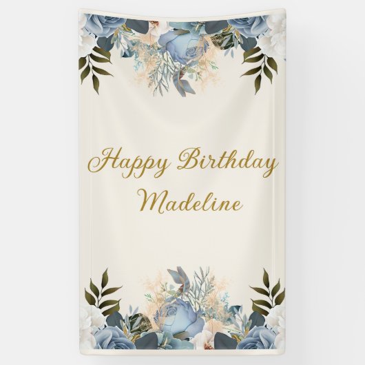 ダスティブルーホワイトフローラハッピーバースデー垂直 横断幕 (縦)