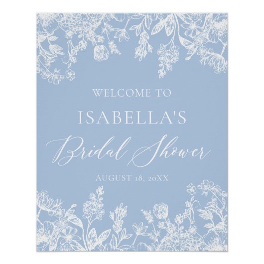 ダスティブルーホワイトフローラブライダルシャワーウェルカムサイン ポスター (正面)