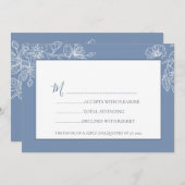 ダスティブルーホワイトフローララインアートRSVP 招待状 (正面/裏面)