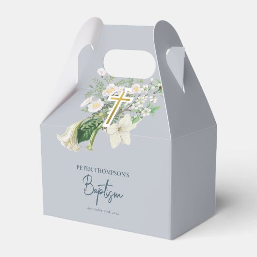 ダスティブルーホワイトフローラ宗教十字洗礼 フェイバーボックス (正面サイド)