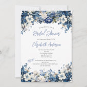 ダスティブルーホワイトフローラ水彩ブライダルシャワー 招待状 (正面)
