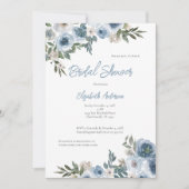 ダスティブルーホワイトフローラ水彩ブライダルシャワー 招待状 (正面)
