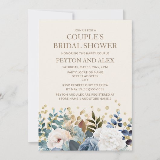 ダスティブルーホワイトフローラ金ゴールドカップルブライダルショウ 招待状 (正面)