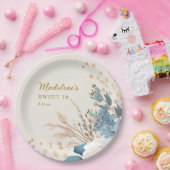 ダスティブルーホワイトフローラ金ゴールドグリッタースウィート16 ペーパープレート (パーティー)