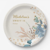 ダスティブルーホワイトフローラ金ゴールドグリッタースウィート16 ペーパープレート (正面)