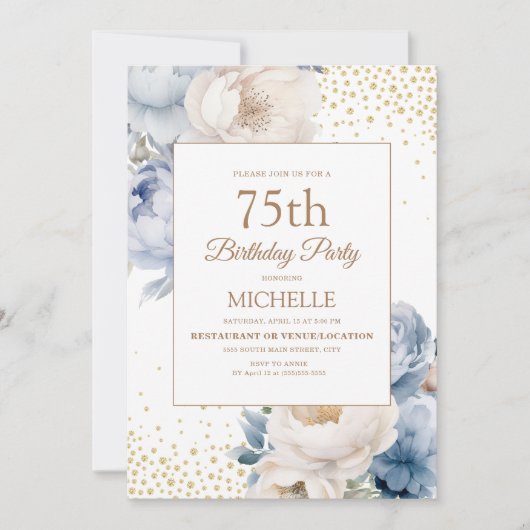 ダスティブルーホワイトフローラ金ゴールドグリッター75th誕生日 招待状 (正面)
